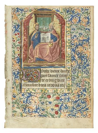 (ILLUMINATED MANUSCRIPT.) Vellum leaf with arch-topped miniature depicting the Trinity,